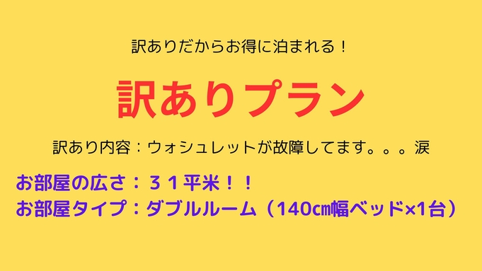 【訳ありプラン・素泊まり】ウォシュレット故障／訳ありだから特価プラン／31平米の広々客室！